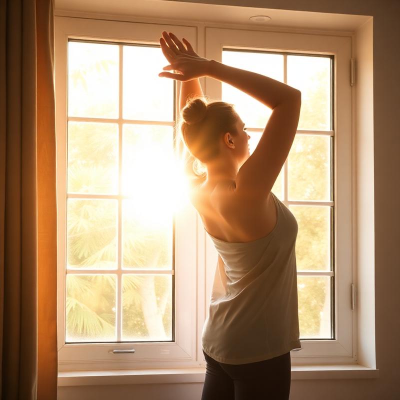 Person stretching in morning sunlight